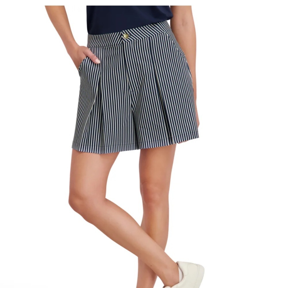 Stella Parker Striped Navy and White Pleated Claudette Wide Leg Shorts Sz 6